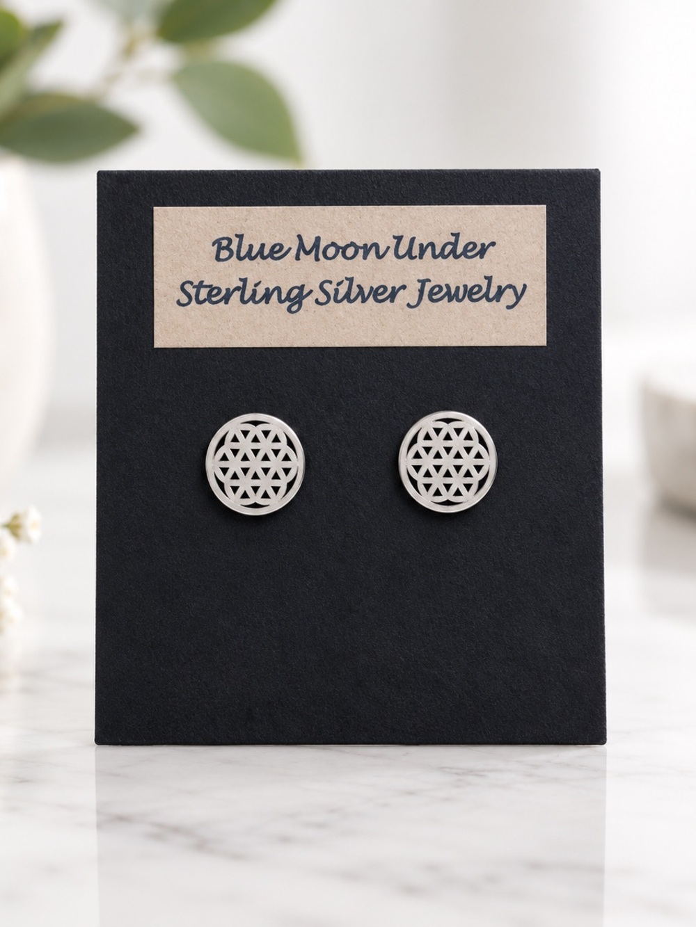 NWT 925 Sterling Silver Geometric Flower of Life Stud Post Earrings NEW